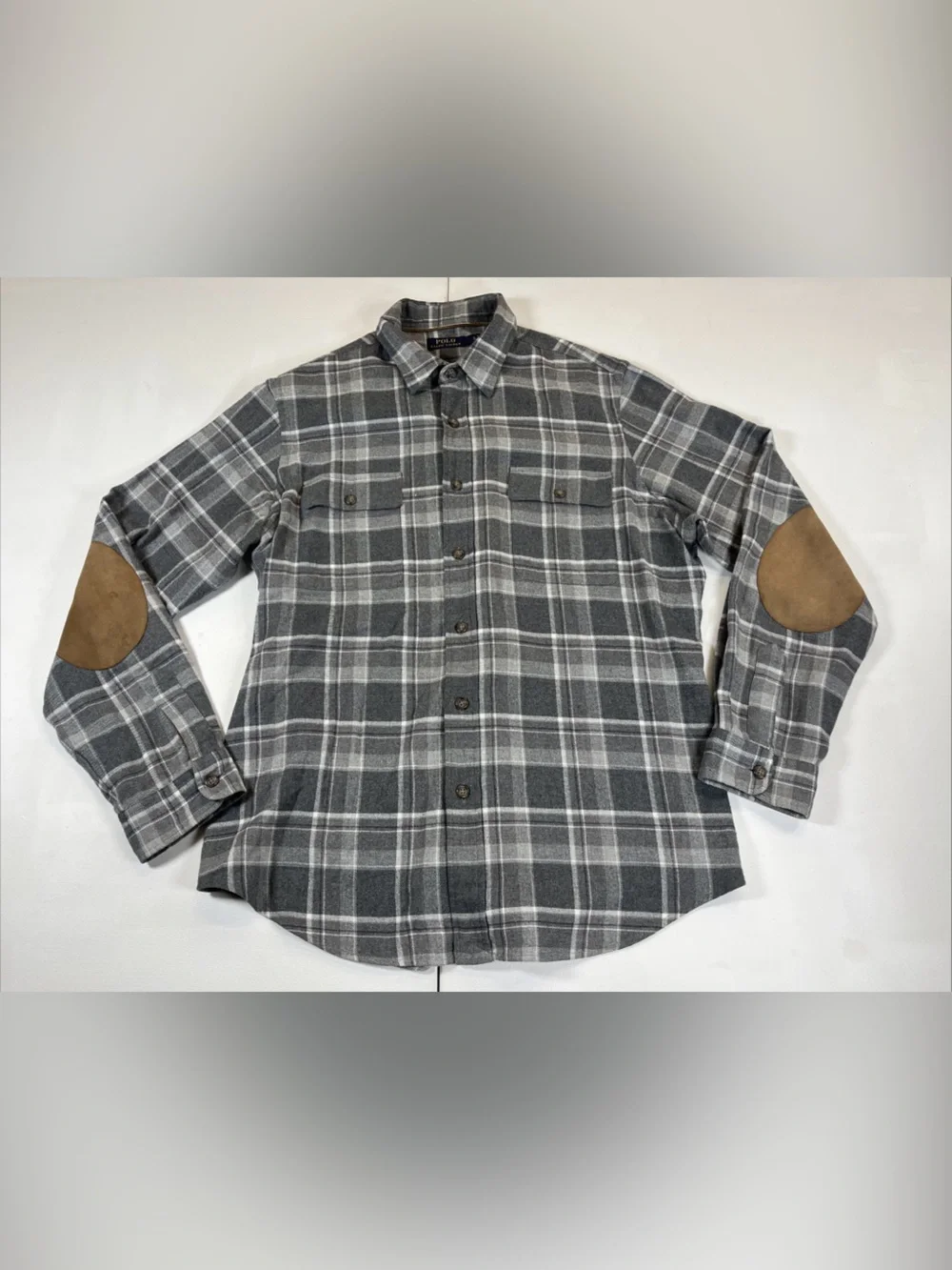 Polo Ralph Lauren Flannel Shirt Gray Plaid Elbow Patch Button Up Soft Men’s XL